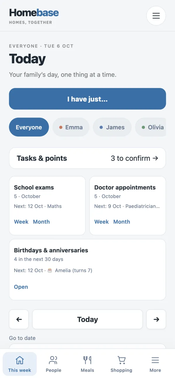 Homebase on a phone: today's overview with tasks to confirm, the next school exam, the next doctor appointment and upcoming birthdays.